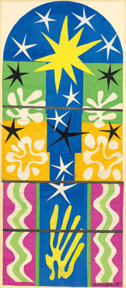 “Nuit de Noel” Matisse’s familiar paper cutout for a stained glass window cannot help but return holiday energy to dreary New York streets.